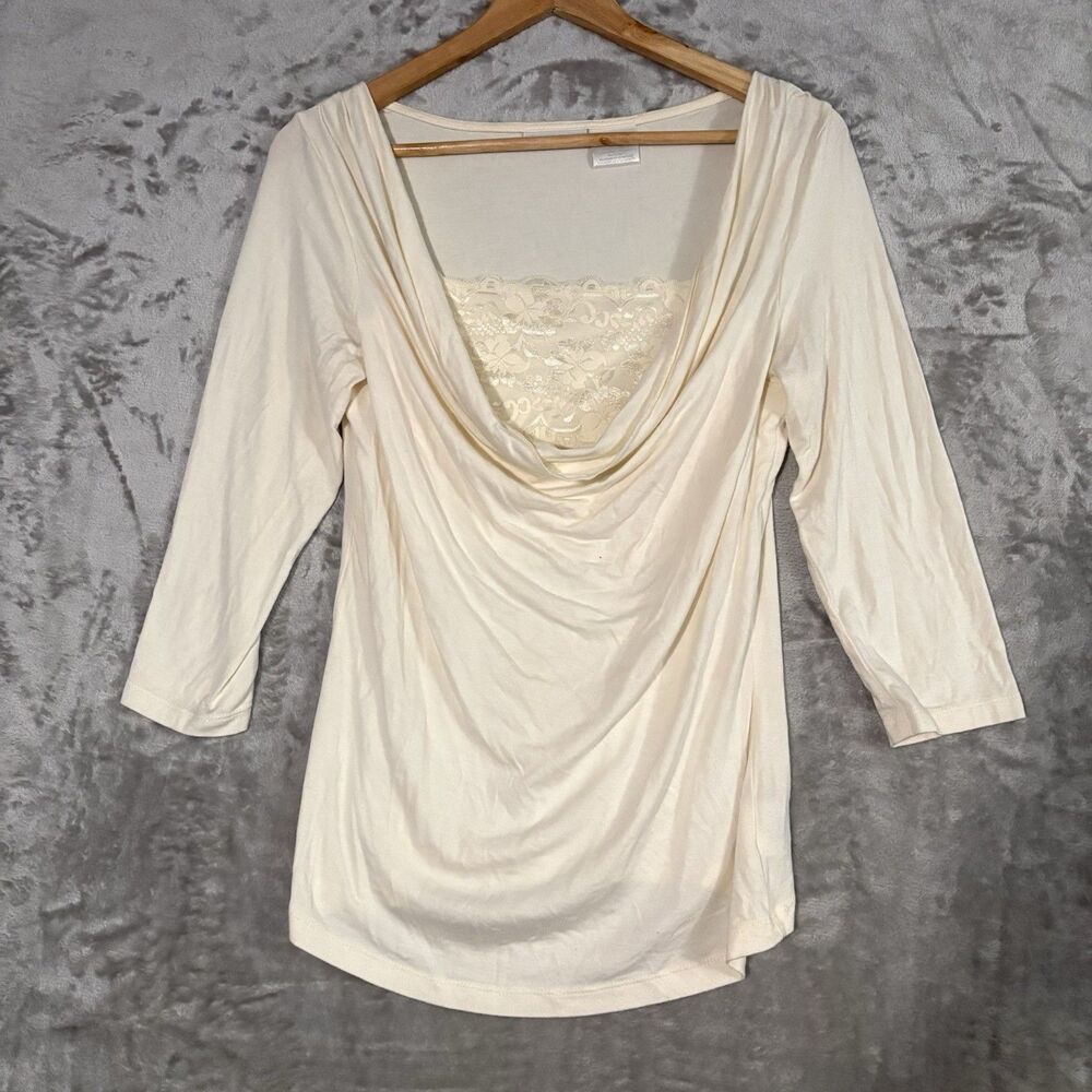 Worthington Blouse M Cream Cowl Neck Lace Inset Sleeve Stretch Cami Tunic READ